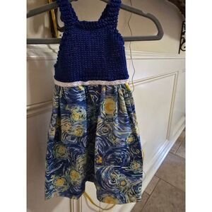 Hand Knit Top & Van Gogh Starry Sky Dress w Buttons Straps in Back Baby 0-3 MO